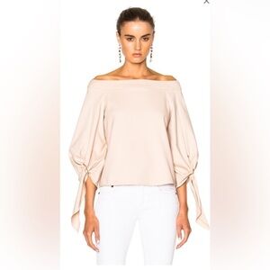 Tibi Agathe Off Shoulder Top Structured Cotton Buckle Tie Sleeve Beige Size 6
